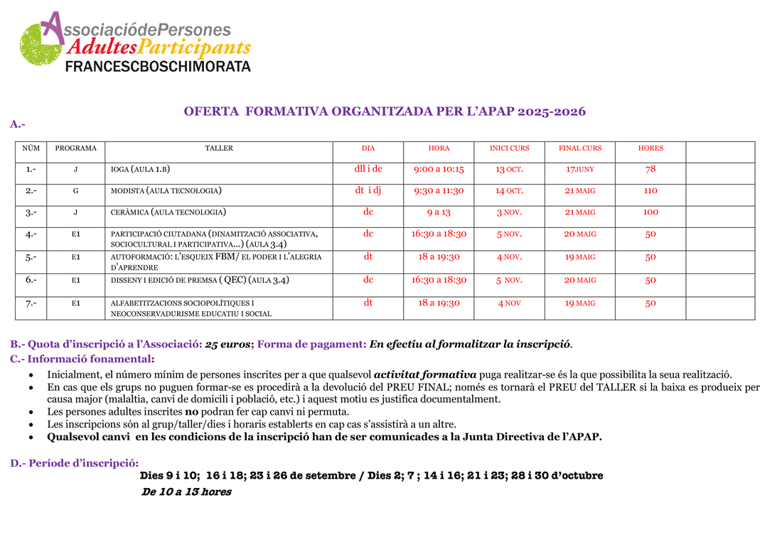 inscripcions i oferta 2025/2026 - APAP